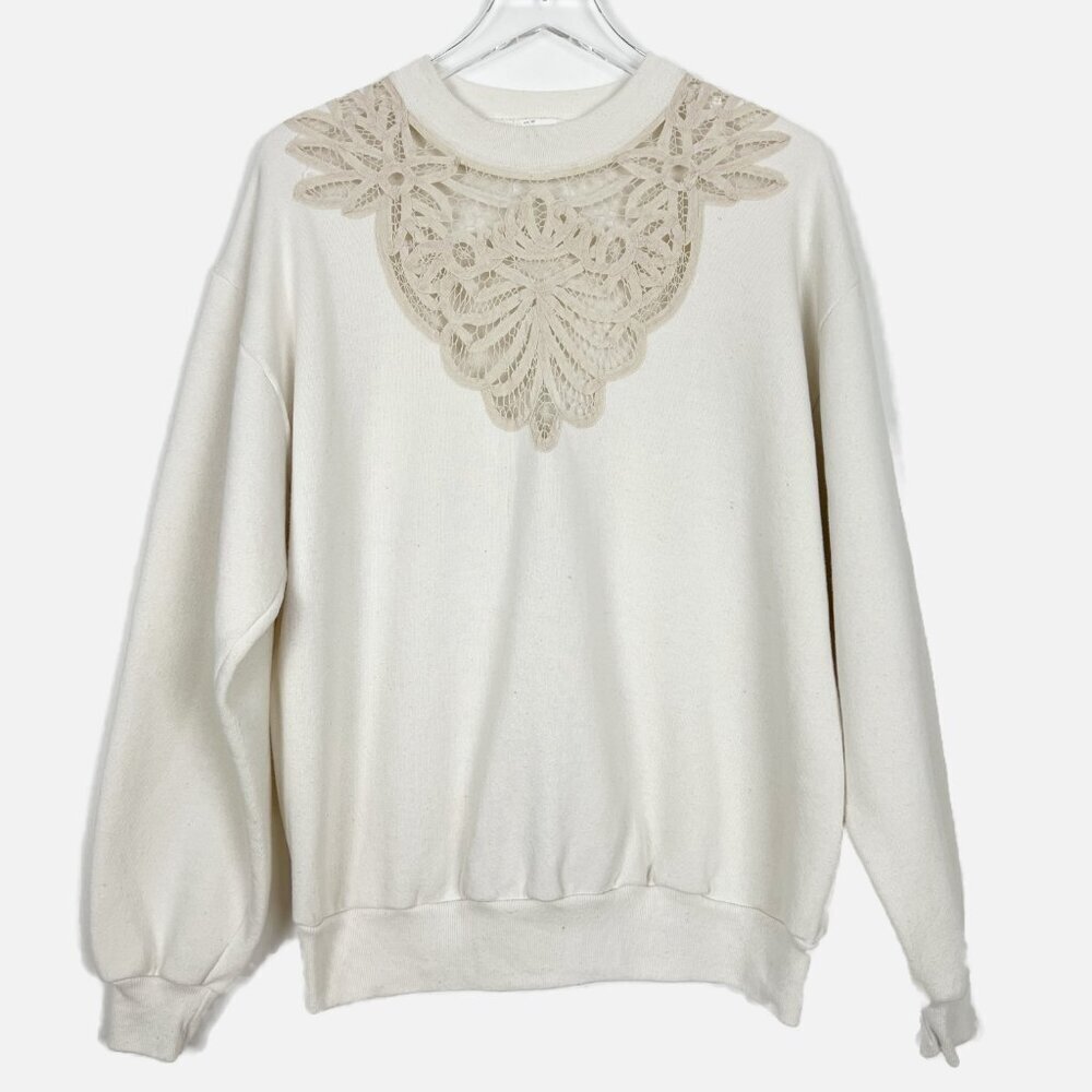 Jerzees Crocheted Sweatshirt Womens Large Cream Lace Inset Crew Neck Grannycore